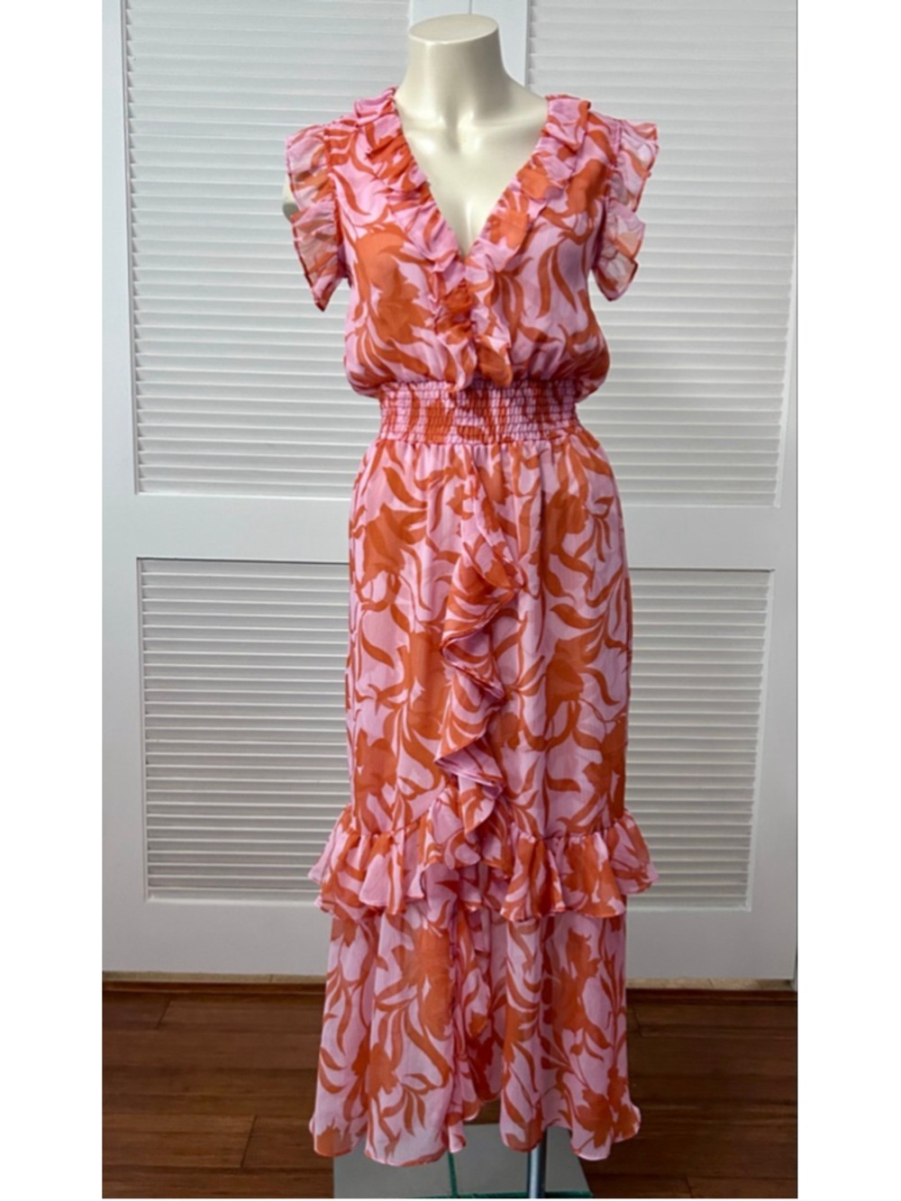 MISA Los Angeles Kidada Atlas Floral Desert Rose Ruffle Midi Dress S - Picture 3 of 13